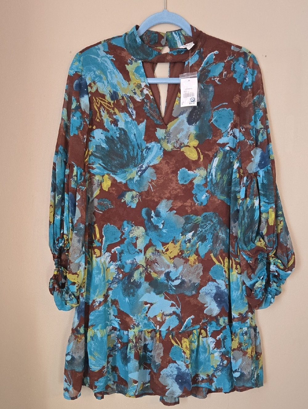 Cato - Women's Brown Floral Tunic Dress with Blue Accents